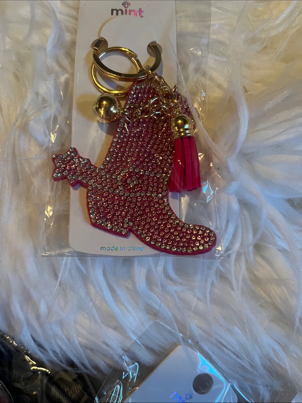 Mint Pink Rhinestone Cowboy Boot Key & Card Holder with Tassel